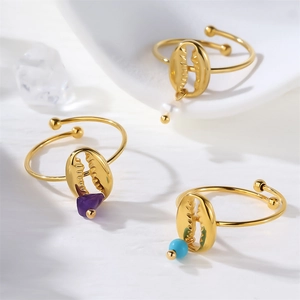 Adjustable Open Rings 18K Gold Plated Stainless Steel Shell Artificial Pearl Natural Stone Bohemian Ocean Jewelry For Women