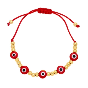 Bohemian evil eye bracelet with red adjustable rope and five protective red eye beads