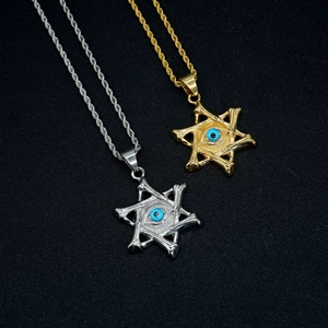 Gothic hexagram necklaces in gold and silver with blue evil eye and bone details