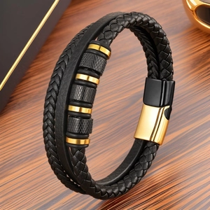 Men Multi-layer Woven Leather Bracelet Stainless Steel Magnetic Clasp Punk Geometric Beads Fashion Jewelry