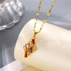 Baguette Colorful Cubic Zirconia Pendant Necklace Titanium Steel Chain 18K Gold Plated Copper Geometric Jewelry Women