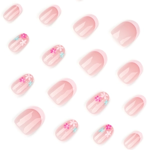 French rose pink press-on nails with floral patterns in short round minimalist style