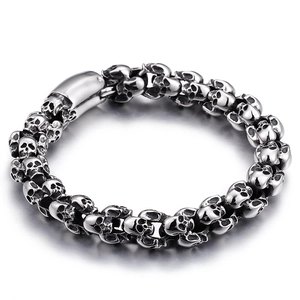 Vintage stainless steel skull link bracelet in retro silver finish for men and punk style