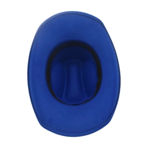 Vue de dessus de l'intérieur du chapeau fedora bleu roi avec bandeau anti-sueur noir