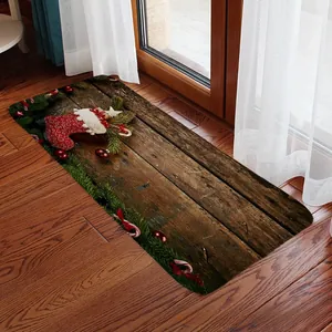 Detail of Christmas runner rug with wooden texture, festive socks and candy cane patterns