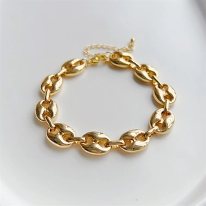 Bohemian gold pig nose link chain bracelet with adjustable lobster clasp on white background