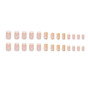 Pink French press-on nails with elegant gold grid lines and minimalist metallic edges