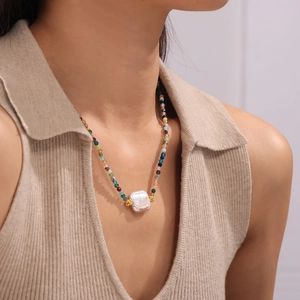 Colorful natural stone necklace with freshwater baroque pearl and 18k gold plated chain