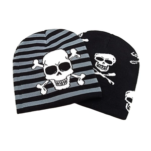 Knitted beanie set featuring grey stripes and skull patterns for outdoor winter warmth