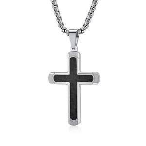 Minimalist stainless steel cross necklace for men with black carbon fiber inlay design