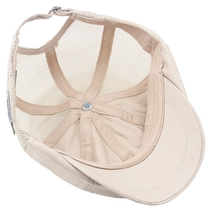 Mesh paneled summer newsboy cap in beige with breathable vents and adjustable metal buckle