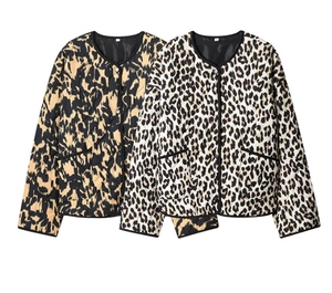 Detailed view of quilted leopard print jackets with black trim and snap button closure