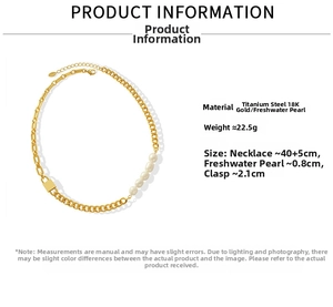 Detail view of 18K gold plated steel chain necklace with freshwater pearl and lock pendant