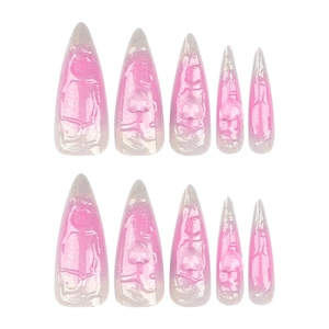 Extra long pink gradient stiletto press-on nails with 3D hearts and holographic glitter