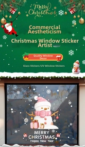 UV printed Christmas snowman window sticker on shop glass with 3D texture and gift boxes