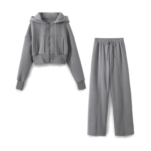 Casual dark grey two-piece set featuring cropped zip hoodie and wide-leg sweatpants