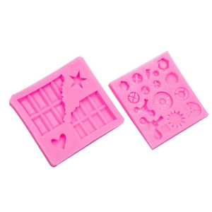 Pink silicone mold set featuring industrial gears, screws, chocolate bars and stars