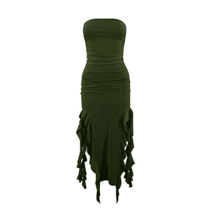 Detail of ruched dark green tube dress featuring irregular ruffled hem and bodycon fit