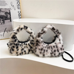 Fashionable leopard print plush crescent handbag with fluffy faux fur texture for women