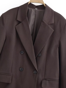 Detail of dark brown double-breasted blazer with notch lapels and classic buttons