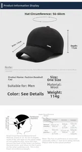 Detailed size chart for men's winter wool baseball cap showing measurements and fit guide
