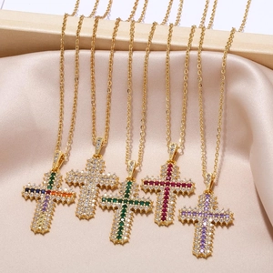 Cross Pendant Necklace Gold Plated Copper With Colorful Cubic Zirconia Micro Inlaid Religious Jewelry For Women Men