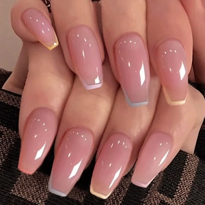 Long ballerina press-on nails with nude jelly base and colorful French tip outlines
