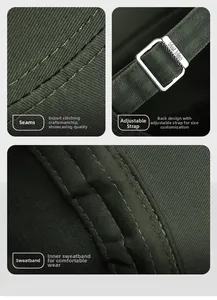 Macro view of adjustable metal buckle, precise stitching, and sweatband on cotton cap