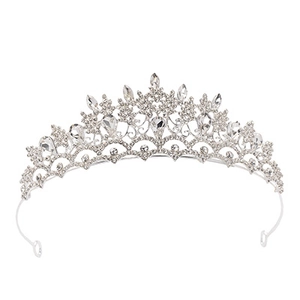 Detailed view of bridal crown with silver alloy finish and sparkling clear crystals