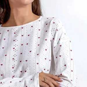 White long sleeve pajamas set with red heart print and laser cut hollow out details