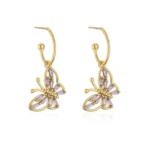 Detail of 18K gold plated butterfly earrings with lilac rectangular zircon stones