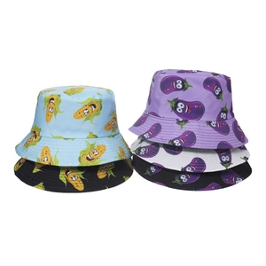 Bucket Hat Polyester Double Sided Cartoon Vegetable Corn Eggplant Chili Print Summer Outdoor Sunscreen Sunshade Women