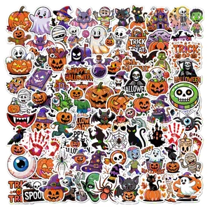 Collage of colorful Halloween cartoon stickers with pumpkins, ghosts and witch motifs