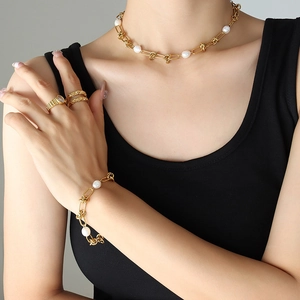 French vintage 18K gold plated necklace and bracelet set with freshwater pearls