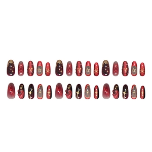 Starry night press on nails in burgundy and gold with 24 pieces in almond shape