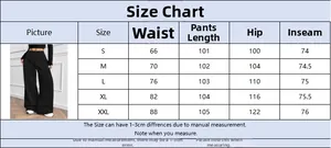 Size chart for women's wide leg trousers with waist, length, hip and inseam details