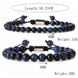 Detail of 6mm and 8mm blue tiger eye stone bracelets with size and weight specs