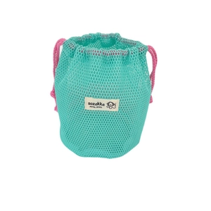 Mint green mesh drawstring cosmetic bag with pink ropes for travel storage