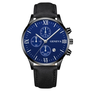 Fashionable blue dial men's watch with black leather strap and Roman numeral markers