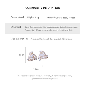 Detailed size and material specifications for gold triangle earrings with zircon and pearl