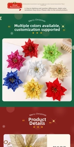 Detail of glittered poinsettia artificial flowers in multiple colors for Christmas decor