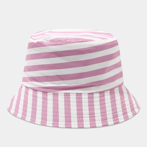 Detail of pink and white striped cotton bucket hat showing fabric texture and flat top design