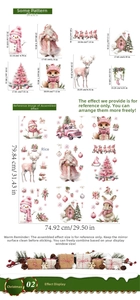 Size guide for pink Christmas stickers featuring snowman, Santa Claus and reindeer window clings
