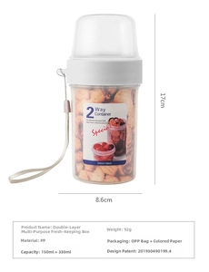Detail showing dual-layer food container dimensions with lanyard and clear PP texture