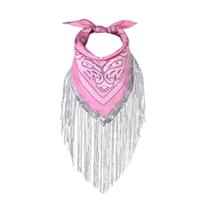Close-up of pink paisley bandana with shimmering silver fringe details for party wear