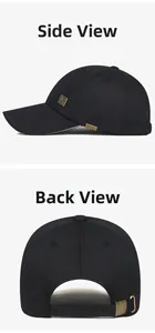 Side and back view of black cotton baseball cap with sport tag and metal buckle