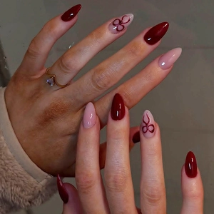 Press On Nails French Almond Shape Red Pink Bow Ribbon Design Glossy Fake Nails Valentine's Day Manicure For Women