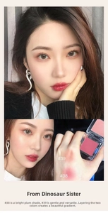 Detailed makeup swatches and facial application of matte peach and plum blush tones