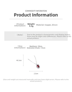 Spécifications de collier avec pendentif en zircon carré incluant les dimensions précises