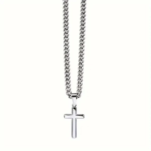 Silver stainless steel cross pendant necklace with classic cuban chain on white background